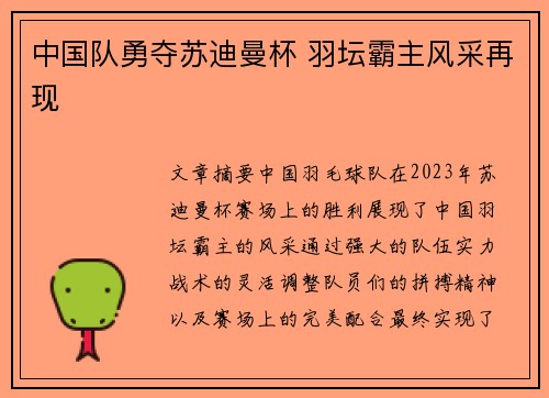 中国队勇夺苏迪曼杯 羽坛霸主风采再现