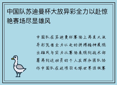 中国队苏迪曼杯大放异彩全力以赴惊艳赛场尽显雄风