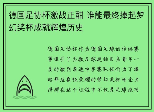 德国足协杯激战正酣 谁能最终捧起梦幻奖杯成就辉煌历史