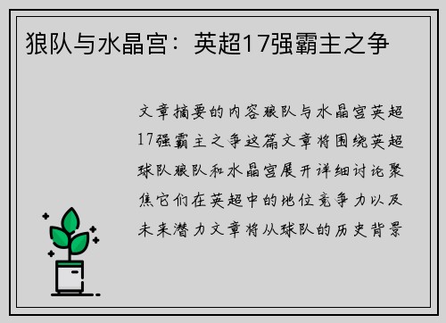 狼队与水晶宫：英超17强霸主之争